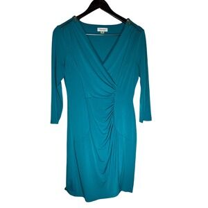 Calvin Klein Faux Wrap Sheath Stretch Dress Womens 8 Teal Ruched Shoulder Zipper